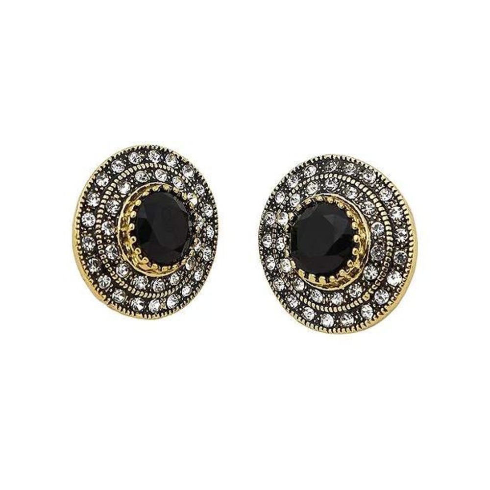 SOHI Womens Circular Stud Earrings Gold Tone Black‎ Stone Crystal Accents